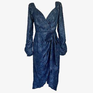 NWT ASTR The Label Terese Metallic Floral Faux Wrap Midi Dress in Navy Blue